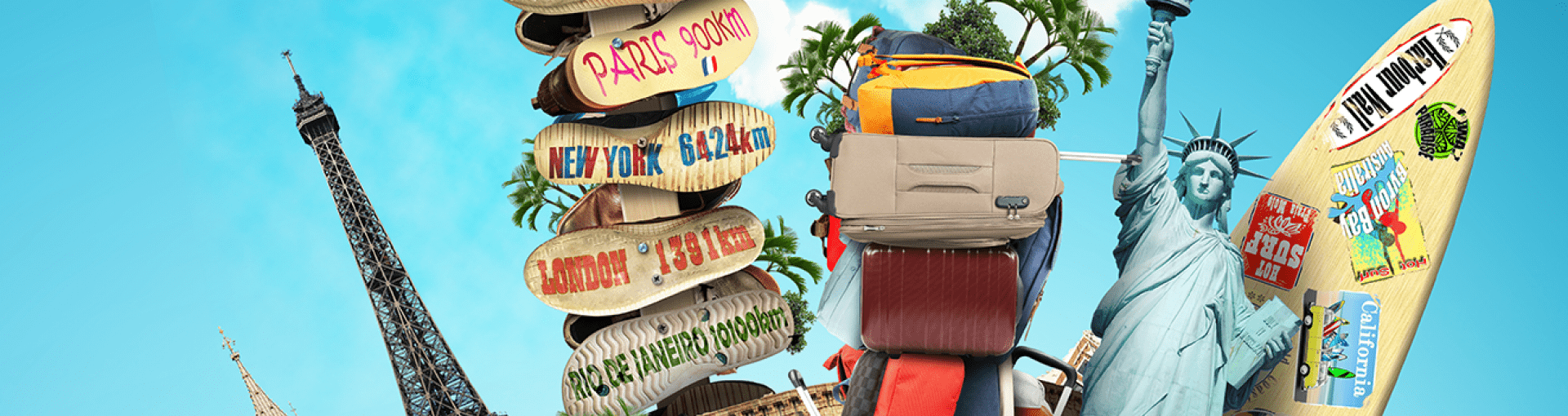 Campagne vakantiegevoel; verzameling van spullen en bagage om op reis te gaan op een blauwe achtergrond